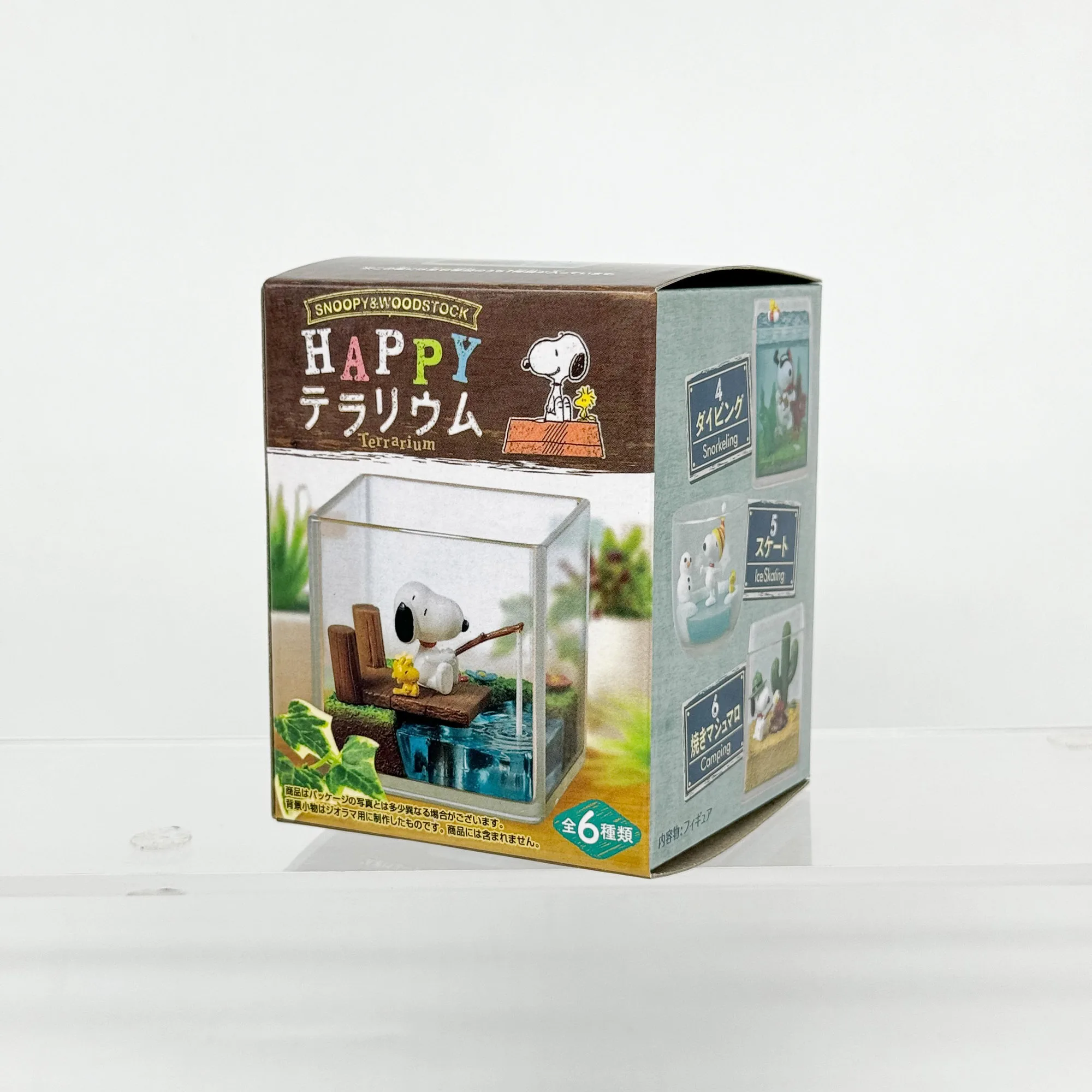 Figurki Snoopy Woodstock Happy Time w Terrarium, Ryby, Surfing, Snorkeling, Łyżwiarstwo Figurowe, Kemping, Scena, Blind Box, Kolekcja Zabawek