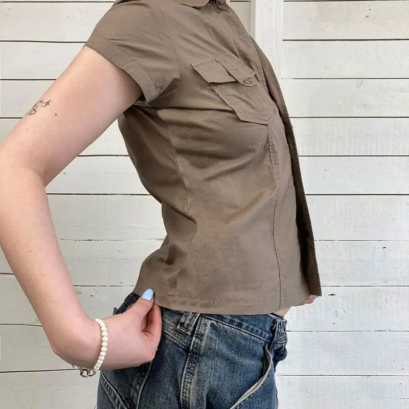 Shirt Lapel Pockets Buttoned Fashion Streetwear Style Solid Blouses Y2K Aesthetic Vintage Up Shirts Women Korean Casual Summer