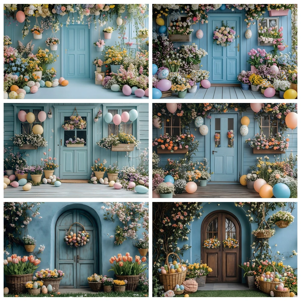 

Happy Easter Photo Backdrop Blue Wooden Wall Interior Easter Eggs Tulip Spring Flower Kids Party Decor Photography Backgrounds