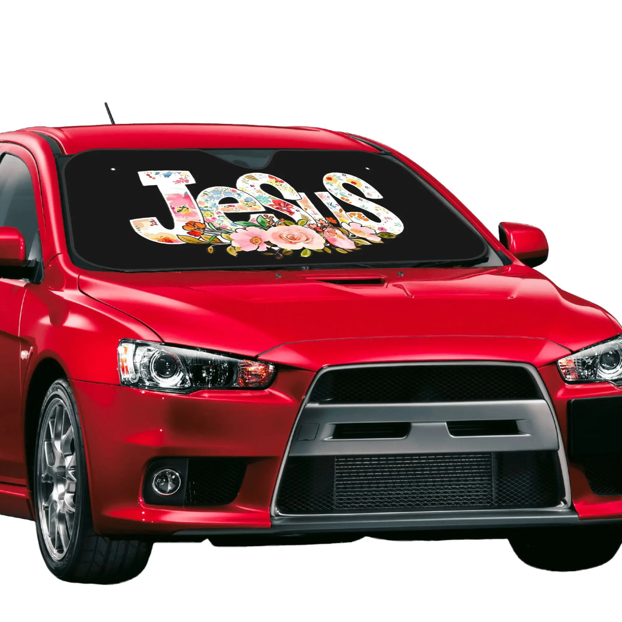 1pc Floral Jesus Lettering Premium Car Sunshade Universal UV Scratch Resistant Windshield Protector with Cooling Effect