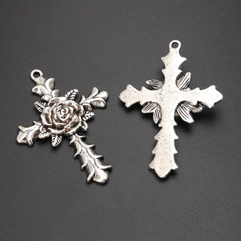 4pcs Silver Color 56x40mm Gothic Rose Flower Cross Charms Religious Pendant For DIY Handmade Metal Jewelry Making Accessories