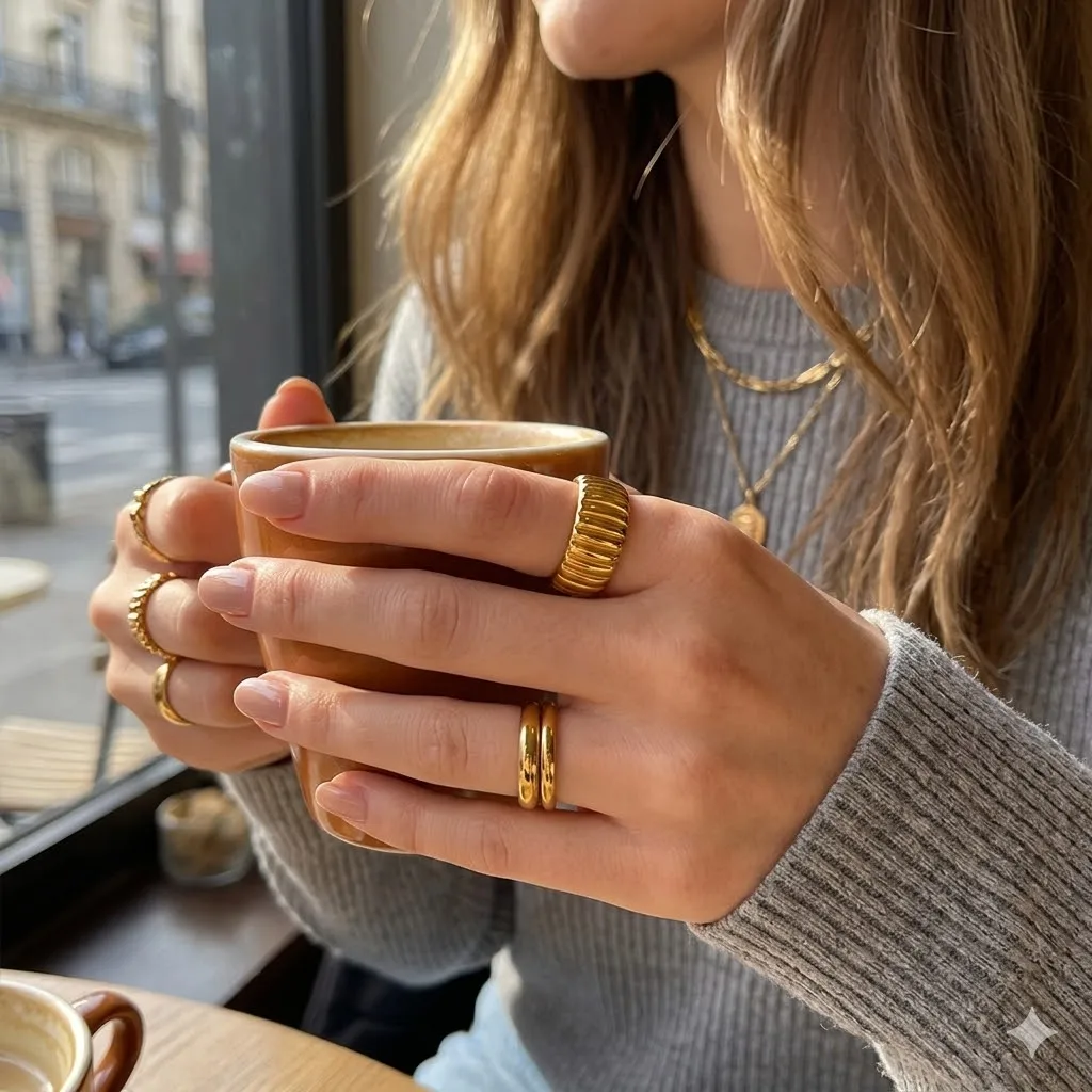 Anillo de sello acanalado chapado en oro de 18 quilates para mujer y hombre, de 13 mm de ancho, de acero inoxidable, anillos de banda ancha con cúpula y ranuras, joyería llamativa