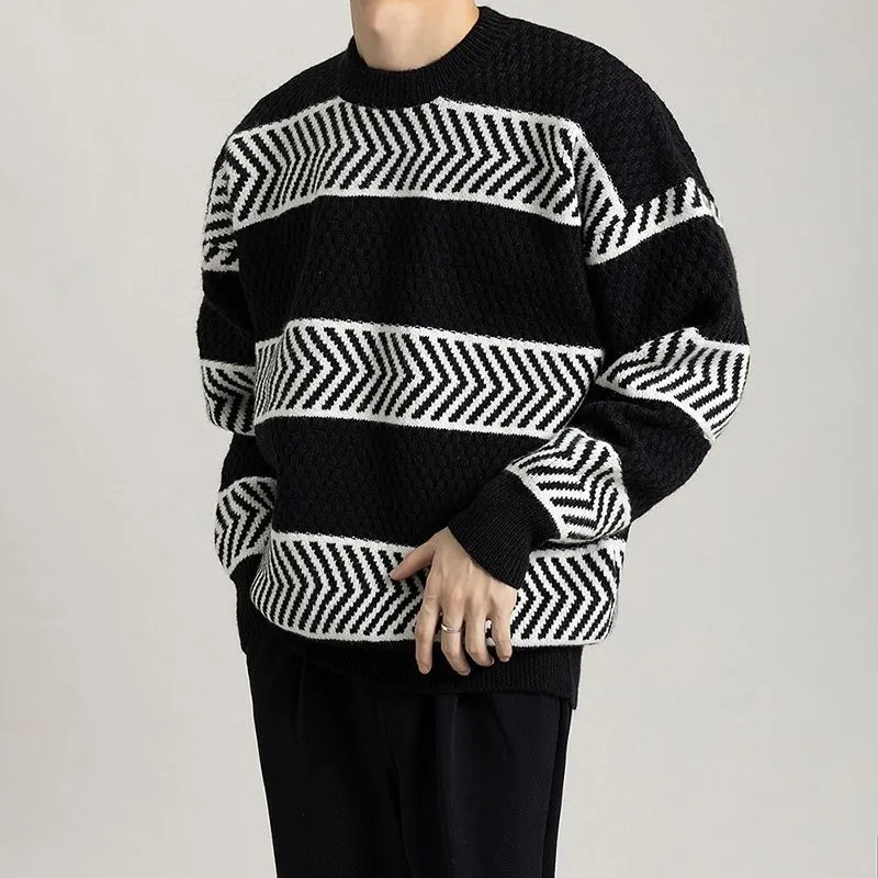 

Striped Knitted Sweaters for Men Aesthetic Top Y2k Long Sleeve Knitwear Korean Style Vintage Cable Fashion Black Pullover Man