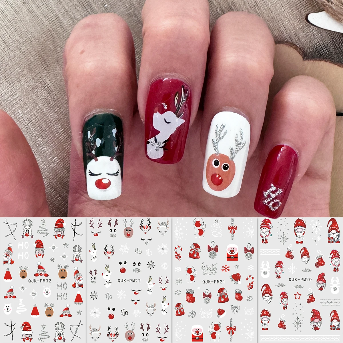4 Stück Winter-Weihnachts-Niedliche Cartoon-Nagelkunst-Aufkleber, einfach für Nageldekoration, Heimwerken, Geschenke, Party-Make-up-Styling