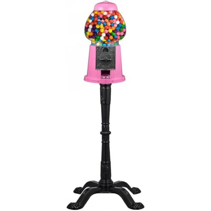 Gumball Machine with Stand - 1920s-Style Nostalgic Decor Candy Dispenser - Coin-Operated Candy Vending Machine (Pink)