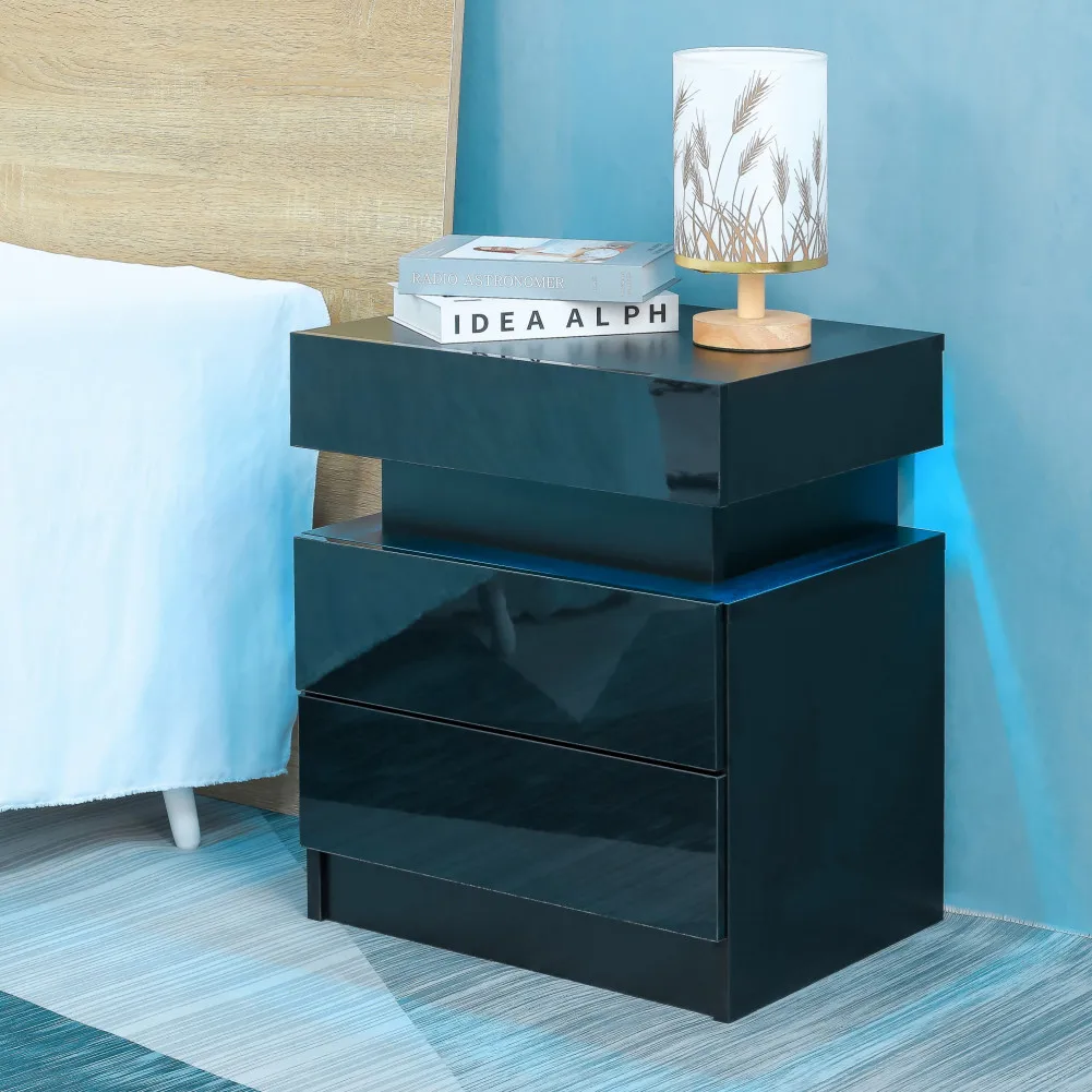 LED Nightstand Modern Nightstand With 2 High Gloss Drawers Wood Led Bedside Table Nightstand For Bedroom