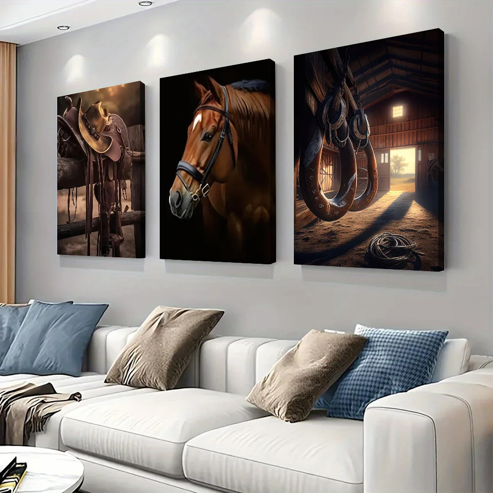 3-piece set of Western style retro denim decorative paintings, American rural style frameless canvas hanging paintings, living r