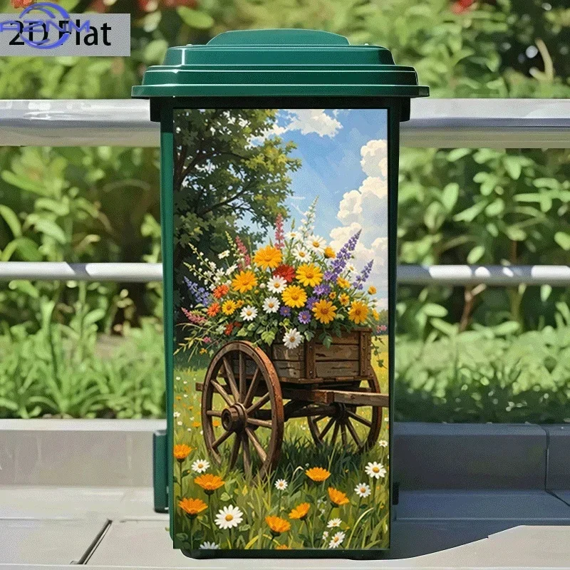 Self-Adhesive Trash Can Sticker Compatible for Garbage Bins, Walls - Modern Wood Wheelbarrow Design with Full/Empty - Peel-and