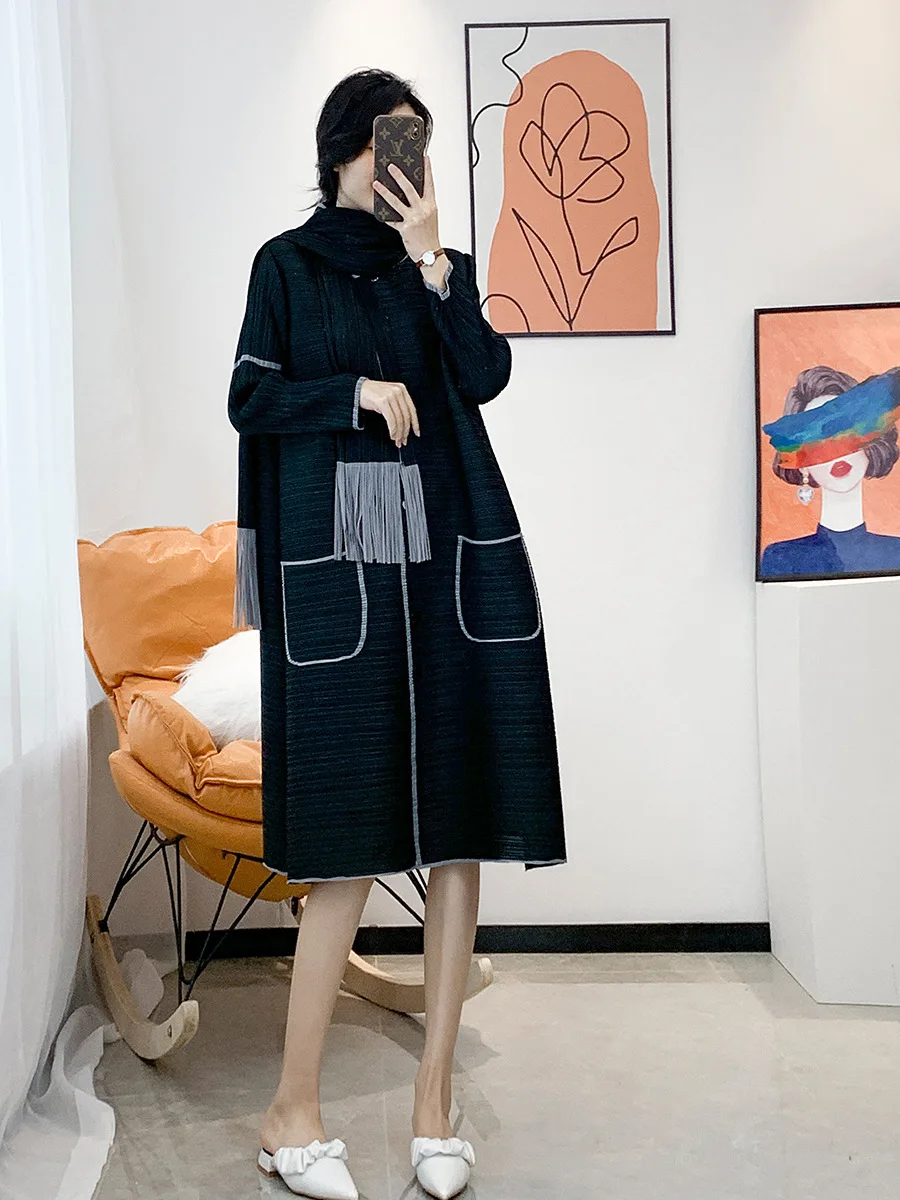 Miyake Pleated Dress With Tassels Scarf Autumn Winter Color Matching Fashion French Style Dresses Women Plus Size Coats