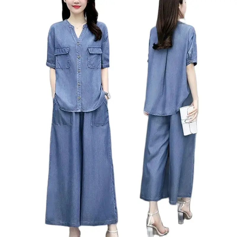 Summer Suit Thin Denim Jacket Suit Wide-Leg Pants Suit V-Neck Shirt Slim Mother Loose Thin Two Pieces Sets Jeans Suits Elegant