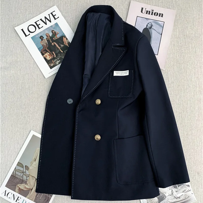 

2023 New Fashion Navy Blue Suit Jackets Women's Clothing Spring Autumn Korean Loose Blazers Coats Office Lady Outerwear jp2