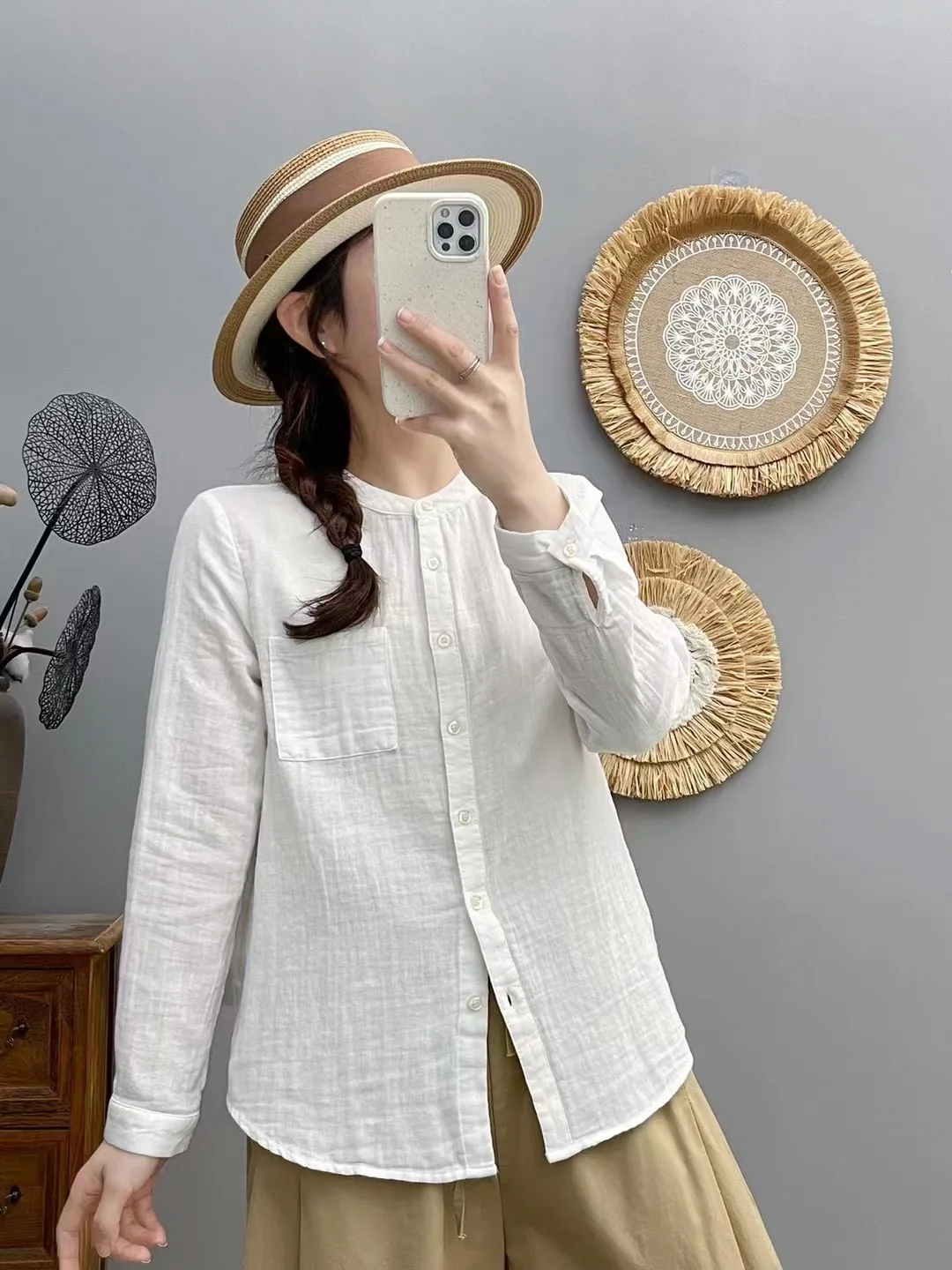 Enianechu بلوزات غزل القطن سيدة الاتجاه 2025 الوقوف طوق أبيض أزرق كحلي الصلبة القمصان والبلوزات ملابس السيدات