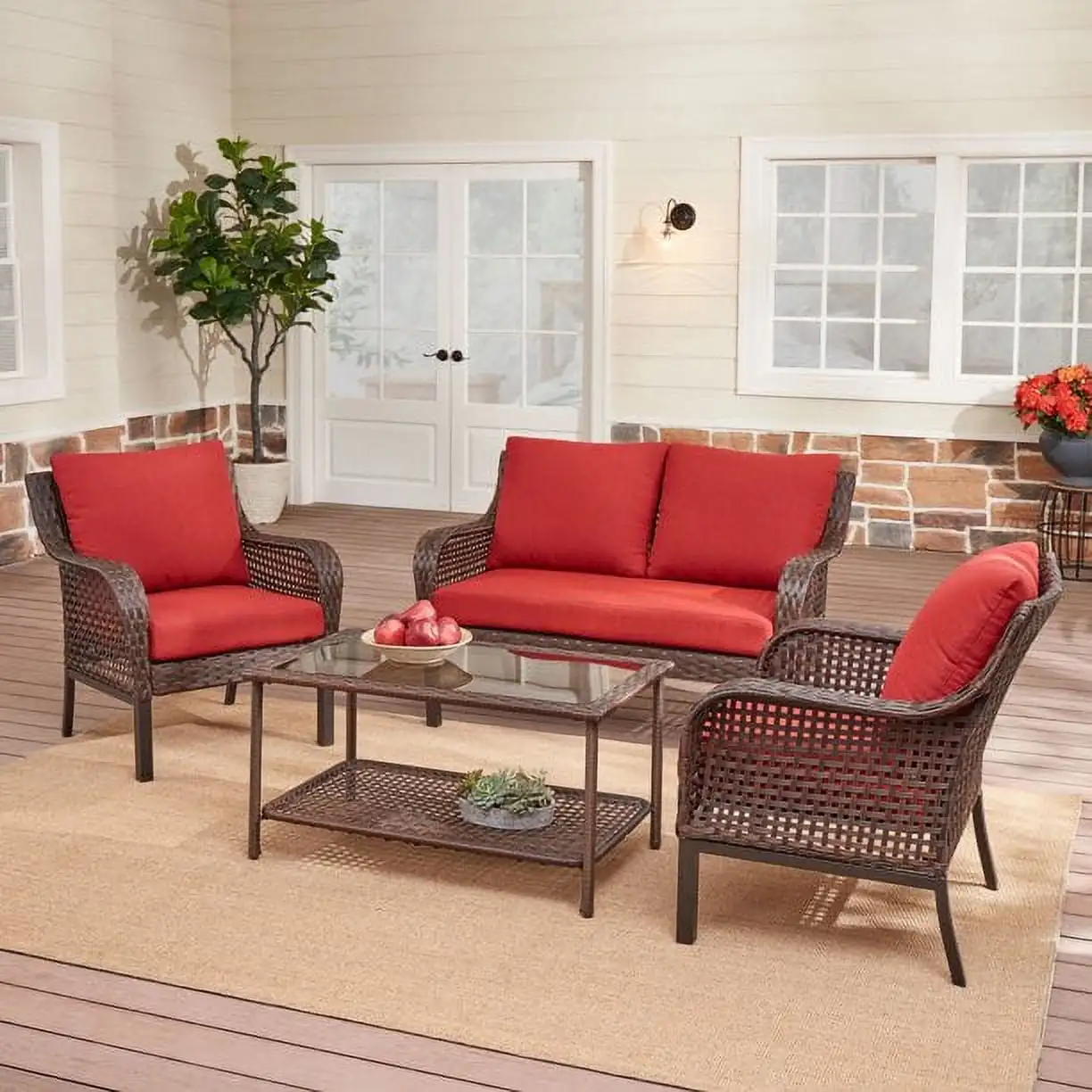 

4piece Outdoor Conversation Set Includes A Cushioned Loveseat 2Cushioned Chairs and 1Glass-top Coffee Table with A Display Shelf