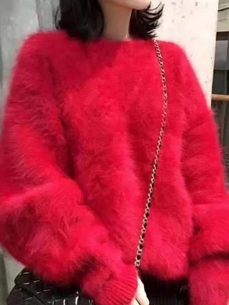 المرأة سميكة فضفاضة عادية المعتاد لاعبا س الرقبة محبوك البلوفرات المنك الصوف سترة لخريف شتاء ملابس خارجية الصلبة