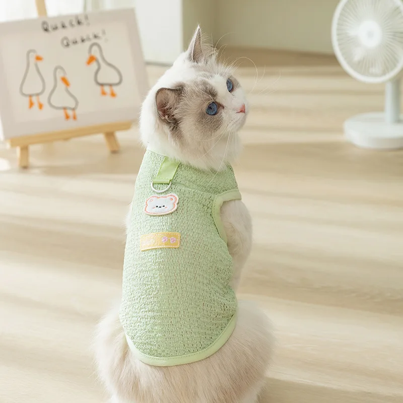 Pet Spring/Summer Cute INS Hollow Breathable Bear Patch Traction Tank Top Dog Teddy Pet Cat Clothing Cooling Vest for Dog