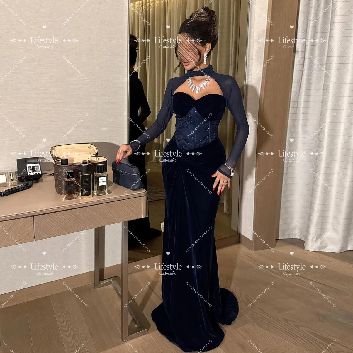Customized Sweetheart Neck Navy Blue Velvet Mermaid Evening Dresses Beads Long Sleeves Party Gown Wedding Prom Dress