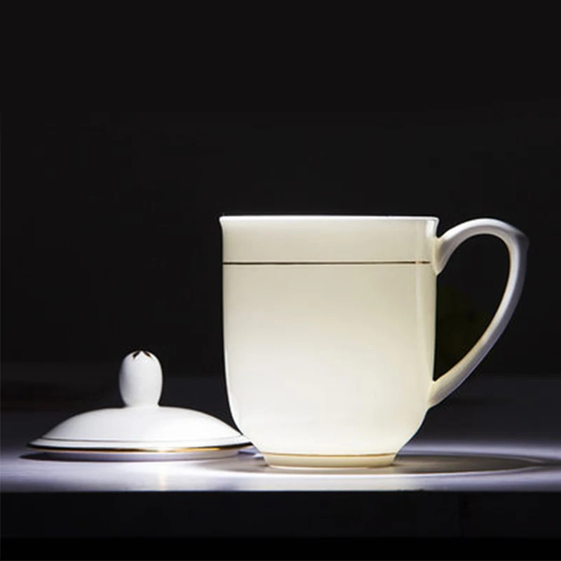Jingdezhen 400ml Bone china Tea Cup, White Porcelain Cup, Hand Drawn Gold edge With Lid, Business Ceramic Office Conference Cups