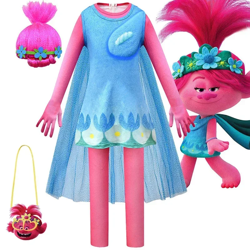 HN 8 trolls 2 kids costume for girls princess dress Kids Cosplay trolls poppy party dresses Vestido superfsia Infantil Girl C) 4