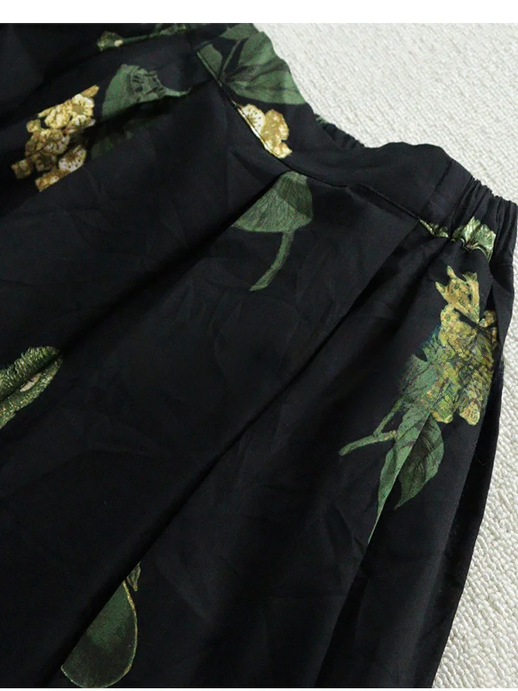 

HEIDD Summer 2025 Plant Print Pleated Cotton f Skirt in Two Colors A-Line Loose Fit High Waist Midi Skirt for Women