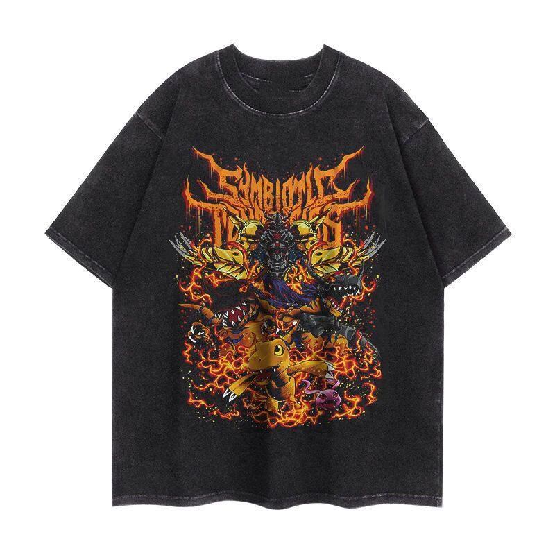 Y2k Anime Digimon American Street Washable Short-sleeved T-shirts for Men and Women Cartoon Round-neck Loose Retro Couple Tops