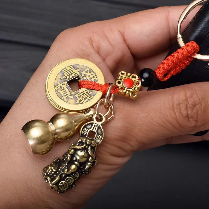 1PC Solid Brass Pixiu Five Emperor Coins Hollow Gourd Wealth Keychain For Women Men Bag Charm Car Keychain Jewelry Holiday Gift