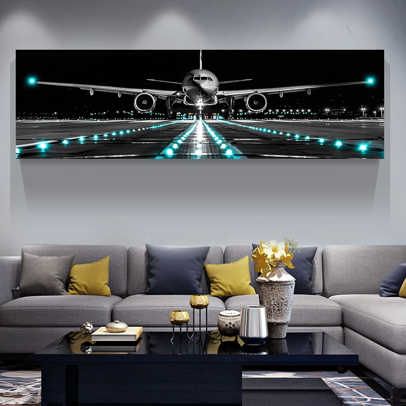 Großes Flugzeug, Flugzeug, Landung, Leinwanddruck, Flugzeug, Panorama, Flughafen, Leinwandgemälde, Posterdruck, Heimzimmer, Wandkunst, rahmenlos