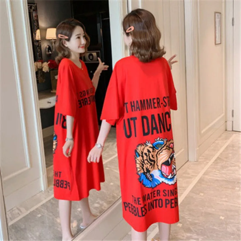 New summer clothes Korean version medium length Tiger short sleeve T-shirt loose Women plus-size dress Bright red sexy sleepwear