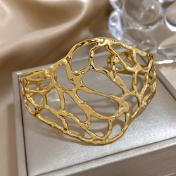 Golden Hollow Branch Bangle Bracelets for Women Men Stainless steel Chunky Simple Wide Wristband Jewelry Accessories Gifts
