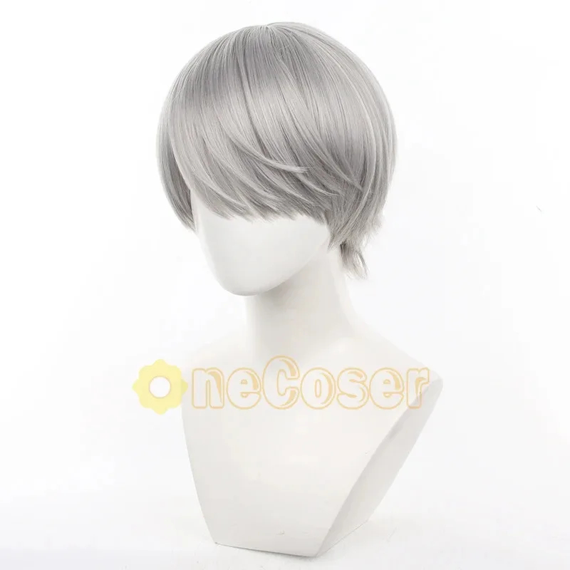 يو ناروكامي شعر مستعار تأثيري أنيمي شخصية 4 رمادي قصير الشعر ياسوغامي المدرسة الثانوية ألياف مقاومة للحرارة الشعر + غطاء شعر مستعار هالوين