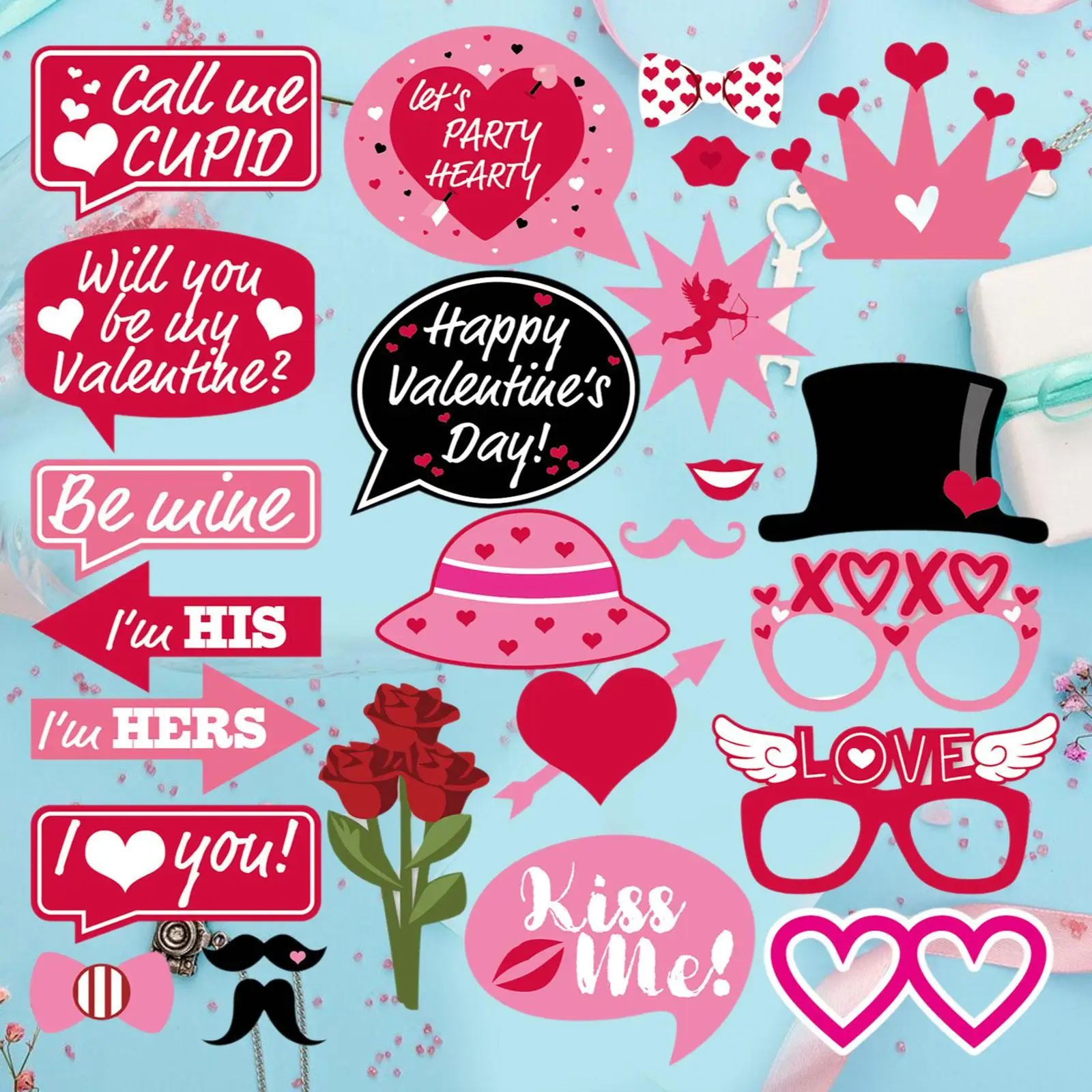 25Pcs/Set Valentine's Day Photo Booth Props Decorations Happy Valentines Day for Anniversary Prom Birthday Engagement Party