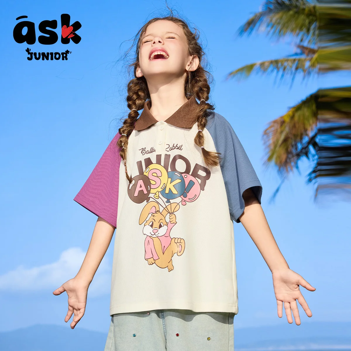 تي شيرت Ask Junior Girls Summer Vintage بألوان متباينة لطيف مطبوع بأكمام قصيرة #3