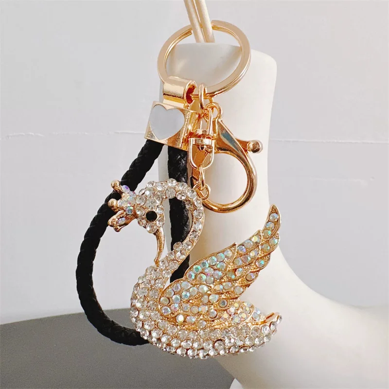 Swan Luxury Rooster Animal Keychains Crystal Trinket Key Ring chains Holder Metal Animal Keyrings