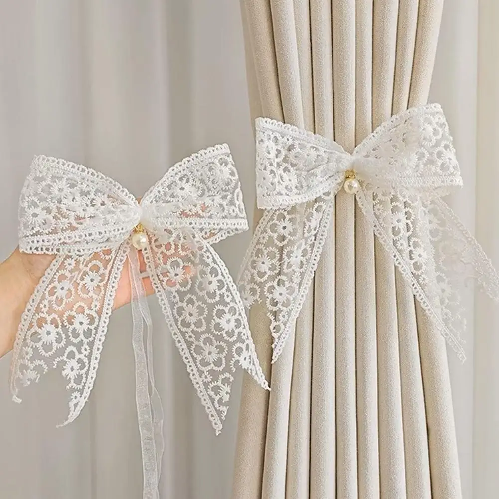 2PCS Bow Lace Curtain Tiebacks for Living Room Girls Kids Room Punch Free Boho Bowknot Curtain Holdback Rope Thin Curtain Drapes