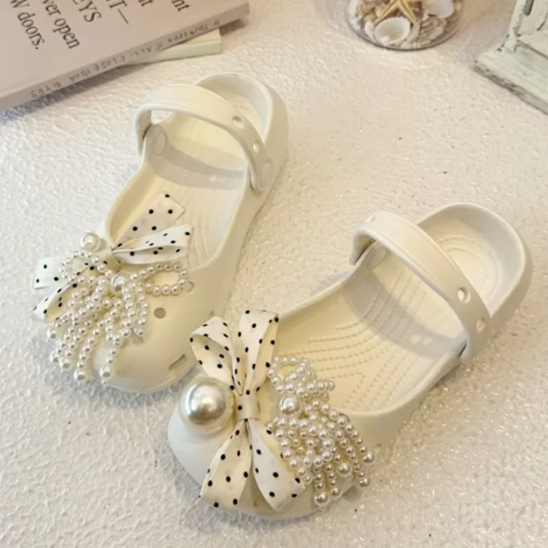 Luxury Pearl Crystal Ballet Clogs Decorations Girls Korean Retro Polka Dot Bowknot Shoe Charms Set Women Summer Shoe Accessories