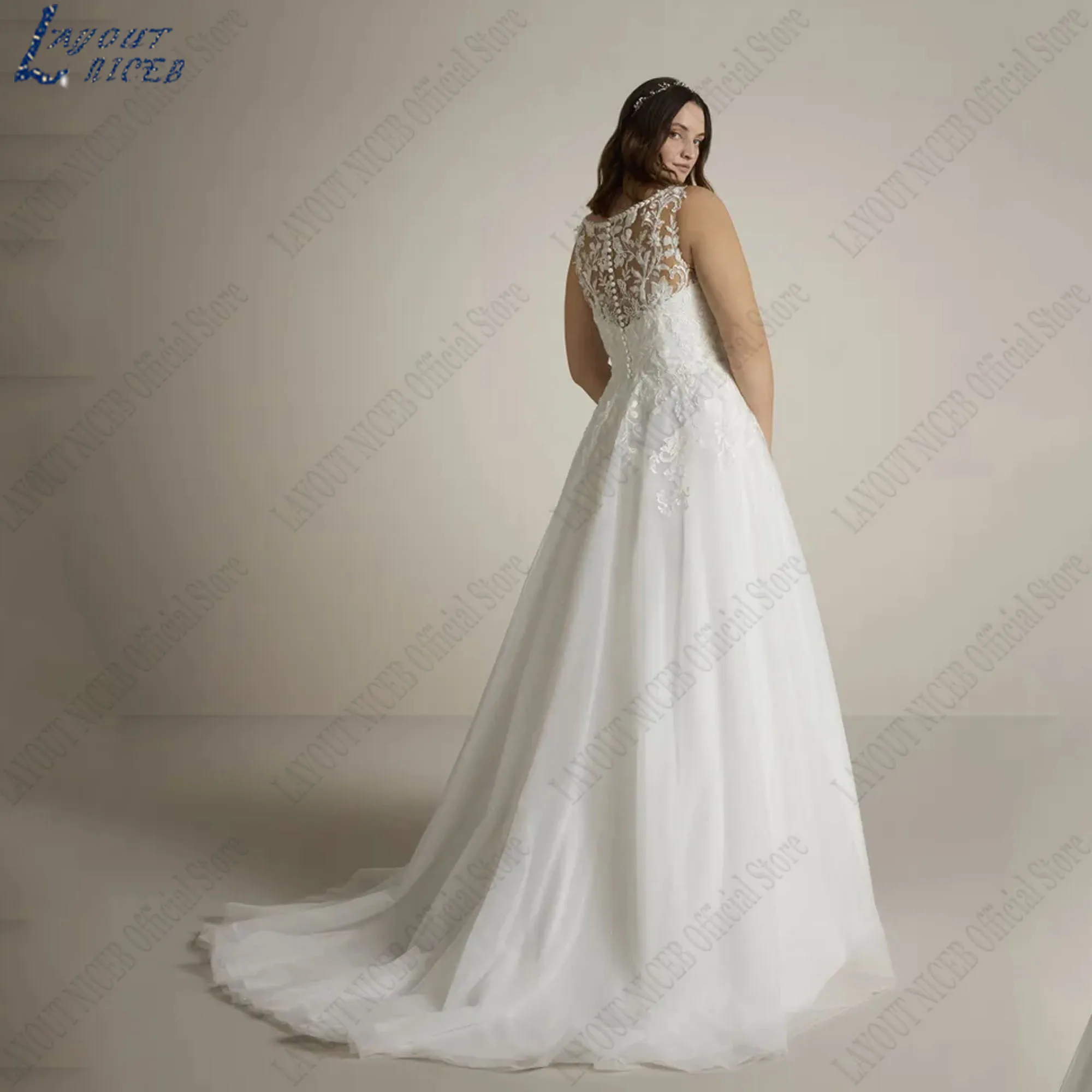 LAYOUT NICEB Large Size Bride Gowns Women A-Line Tulle Classic Wedding Dresses V-Neck Sleeveless Appliques Lace Vestido De Noiva