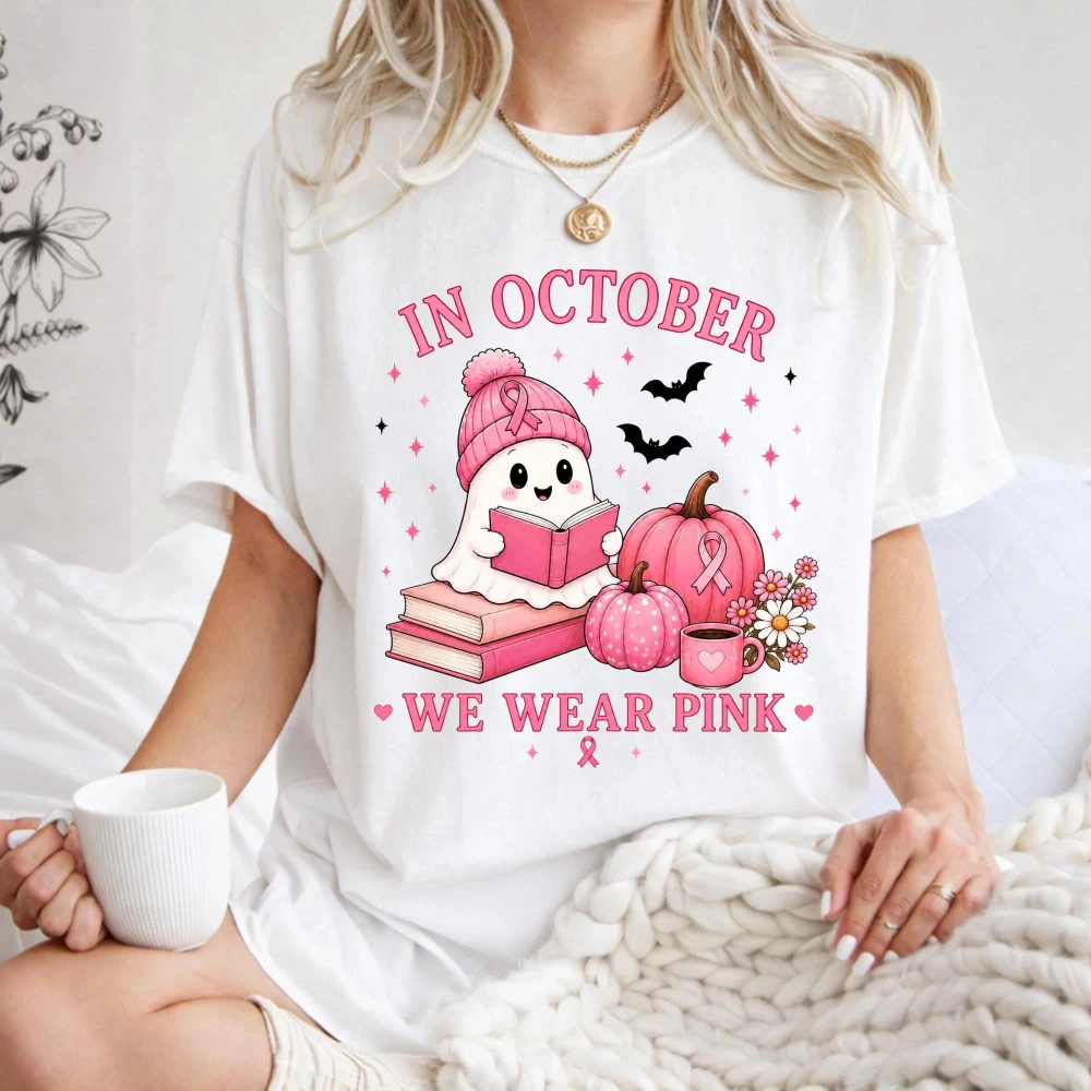 Pink Ghost Halloween Breast Cancer Awareness October Wear Graphic T Shirts Woman Man Summer Cotton O-neck Short-sleev