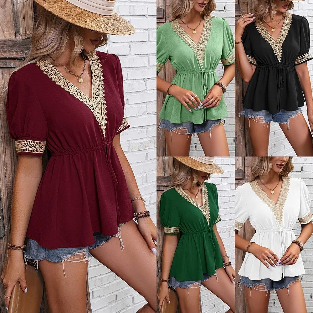 

Lace Short Sleeve T-shirt Women's Cinched Waist Ethnic Style Shirt Fashionable Comfortable Short Length Deformable Fabric