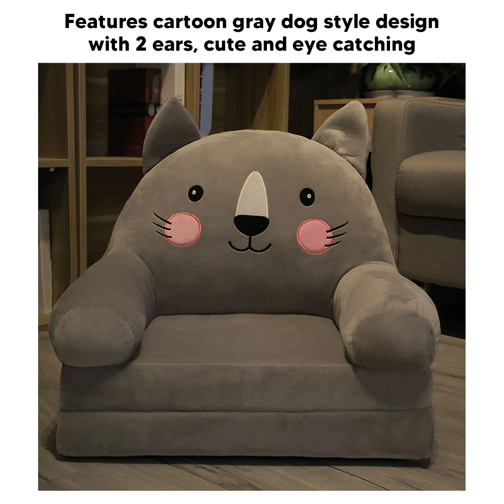 Toddler Sofa Chair Toddler Chair Gray Cartoon  Foldable Wide Handle Stable Backrest Breathable Baby Sofa for Home Bedroom