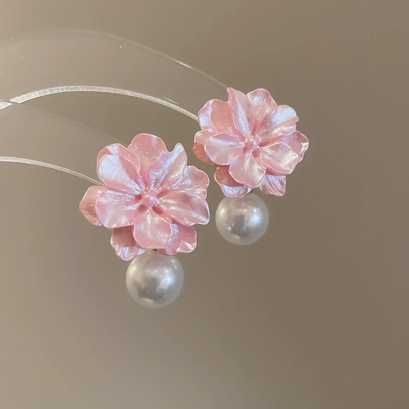 Trendy Acrylic Flower Drop Earrings for Women Imitation Pearl Dangle Earrings Sweet Pink Blue White Blooming Gardenia Jewelry