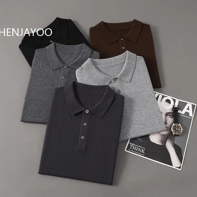 CHENJAYOO Classic Men Knitwear Silk Wool Blend Sweater Pullover Polo Neck T-Shirt Short Sleeved Loose Cool High-Quality Clothing