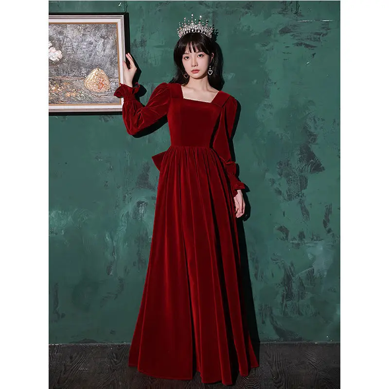 Elegant Velvet Cocktail Party 2022 New Temperament Square Collar Beaded Sweet Bow Engagement Dresses Women Wedding Vestidos