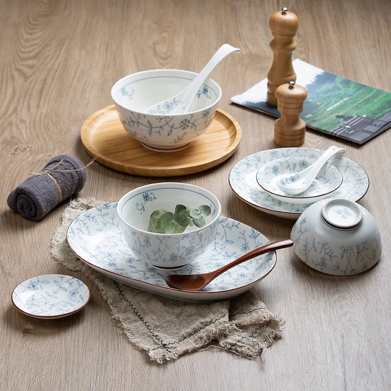 Underglaze Ceramic Bowls Plates Soup Noodle Bowl Interlock Lotus Pattern Tableware For Hotel Household Daily Use