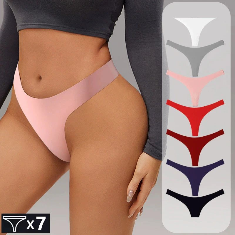 

7Pcs/Set Seamless Underwear Low-Rise Panties Ice Silk Women Thongs Sexy Solid Bikini Female Stretch Lingerie Plus Size XL-4XL