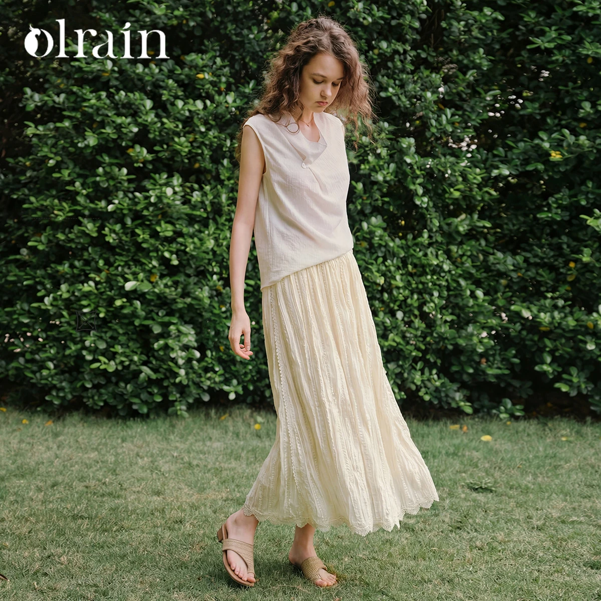 OLrain Elegant Heavy Pleated Skirt Women 2026 Summer Casual Lace Trim Spliced Hem Elastic Waist Party A-Line Skirt O58XB006339