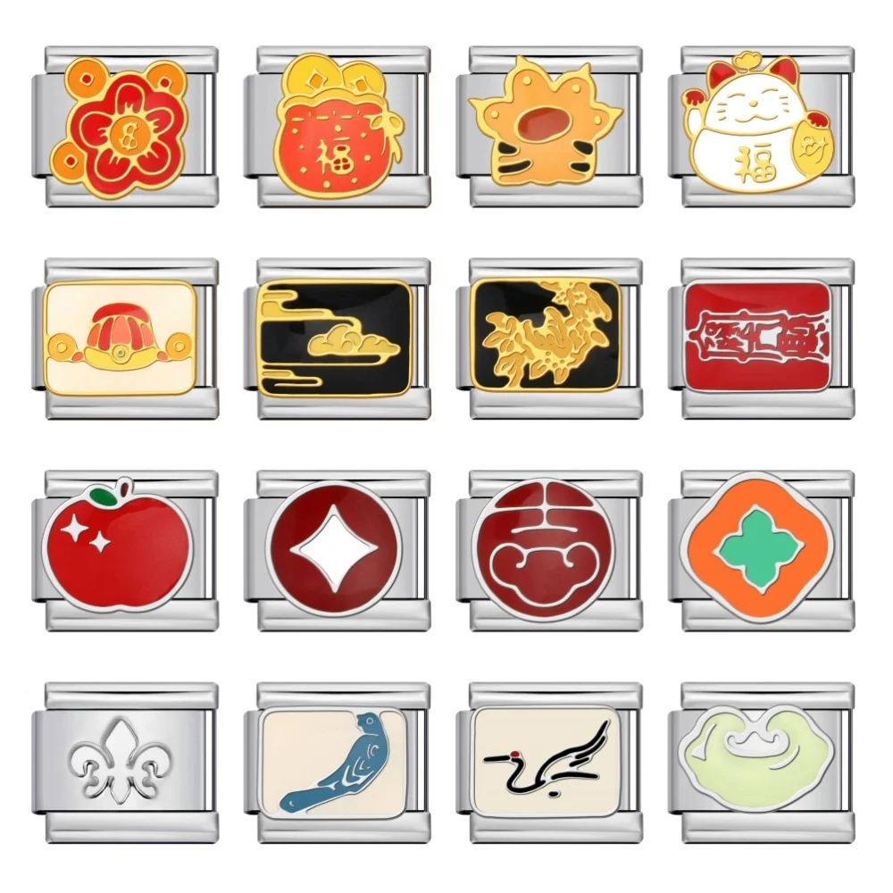 9mm lindo estilo chino gato de la fortuna manzana bolsa de la suerte nube de la suerte pulsera italiana de acero inoxidable enlace DIY encanto fabricación de joyas