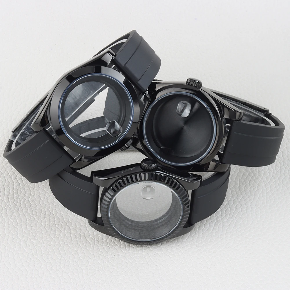 Black 36mm/39mm NH35 Watch Case 20mm Rubber Strap For Datejust NH35 NH36 Movement 28.5mm Dial Sapphire Glass Stainless Steel