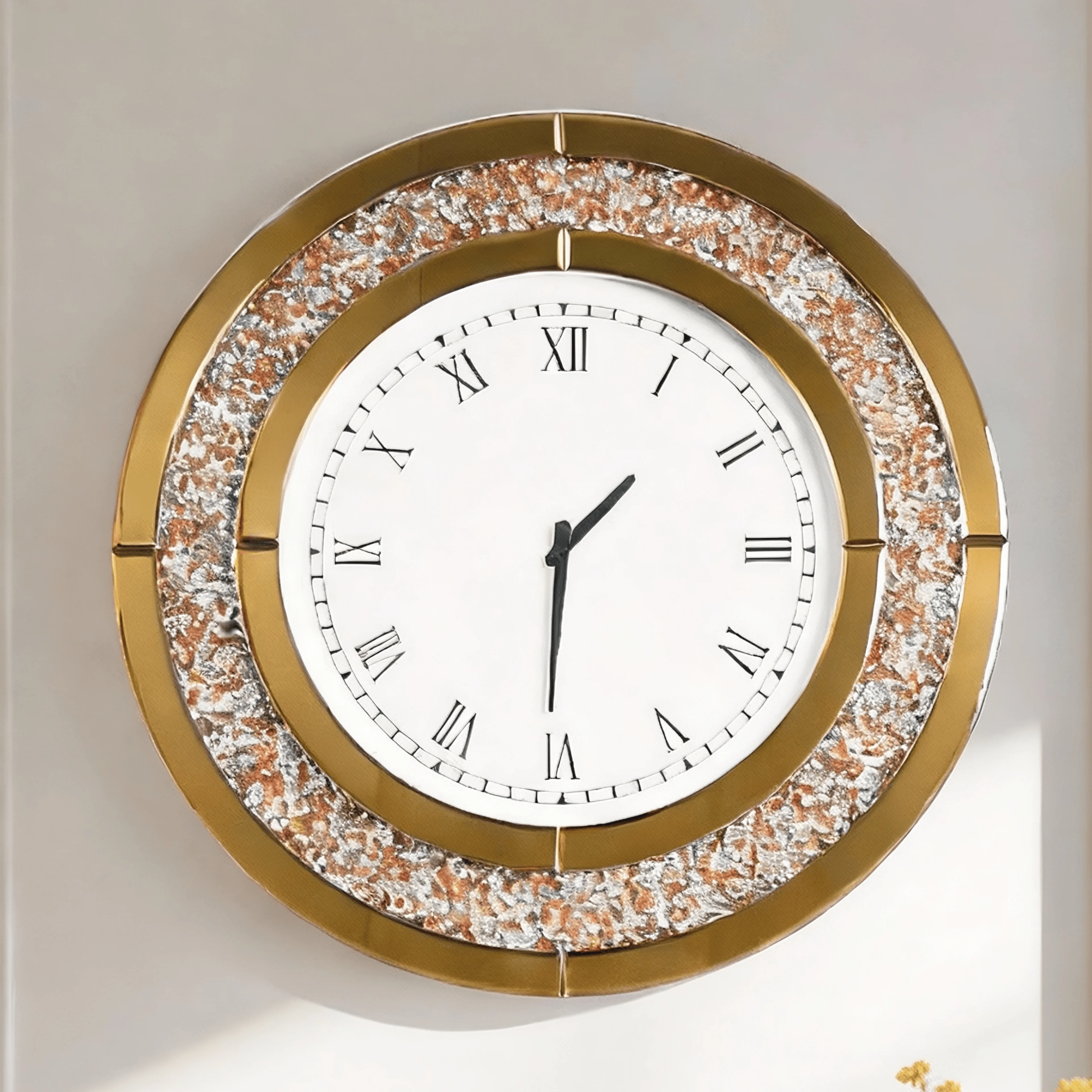 Large Wall Clock Silver Tawny Tinted Crushed Diamond Inlay Clock 80CM Round Decorative Mirrored Clock