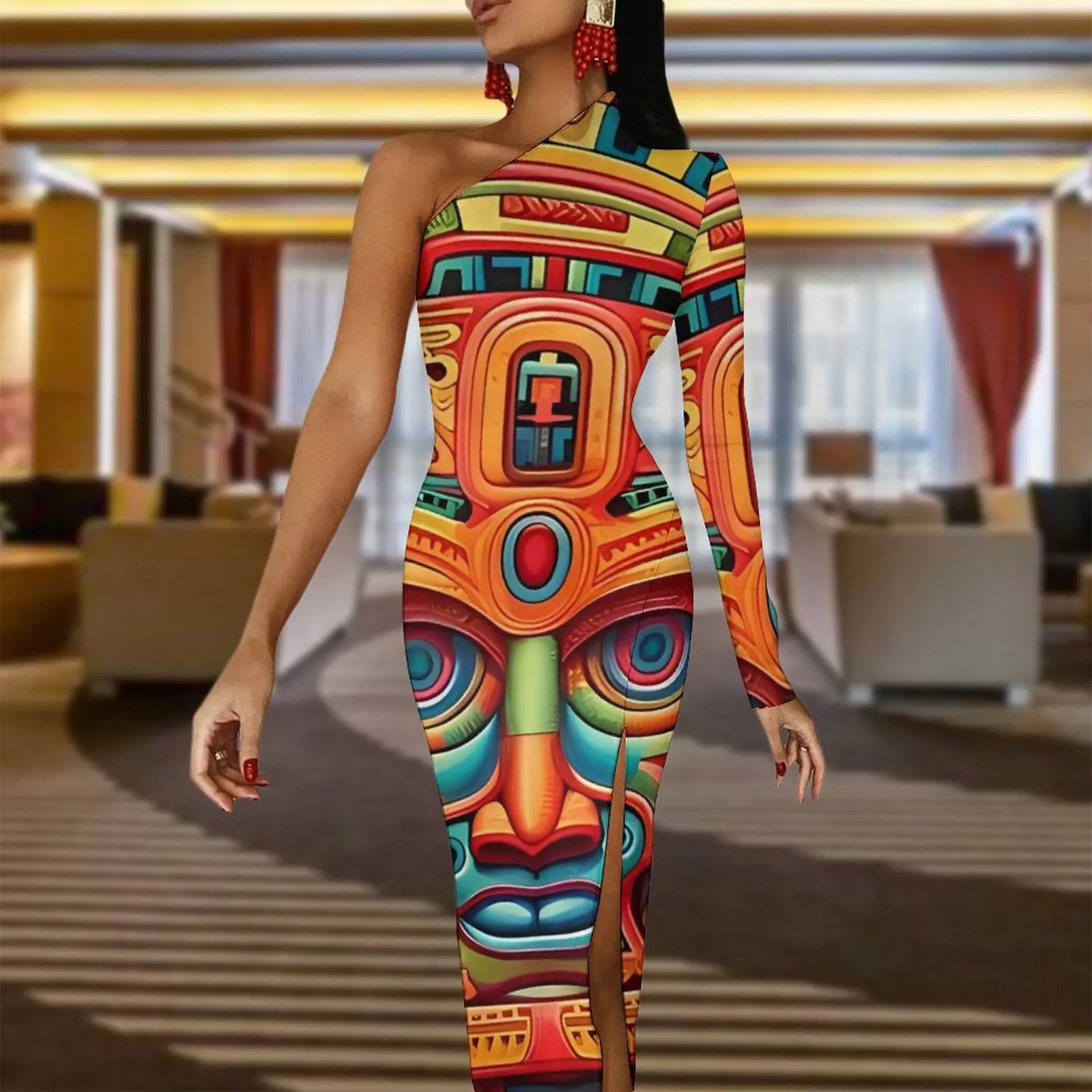 Abstract Aztec Art Maxi Dress One Shoulder  Aesthetic Bodycon Dresses Autumn Club Dress Women Custom Vestidos