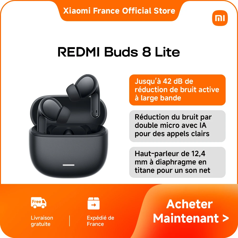 【Officiel】Redmi Buds 8 Lite | Jusqu’à 42 dB de réduction de bruit active à large bande, Réduction du bruit par double micro avec IA pour des appels clairs, Haut-parleur de 12,4 mm à diaphragme en