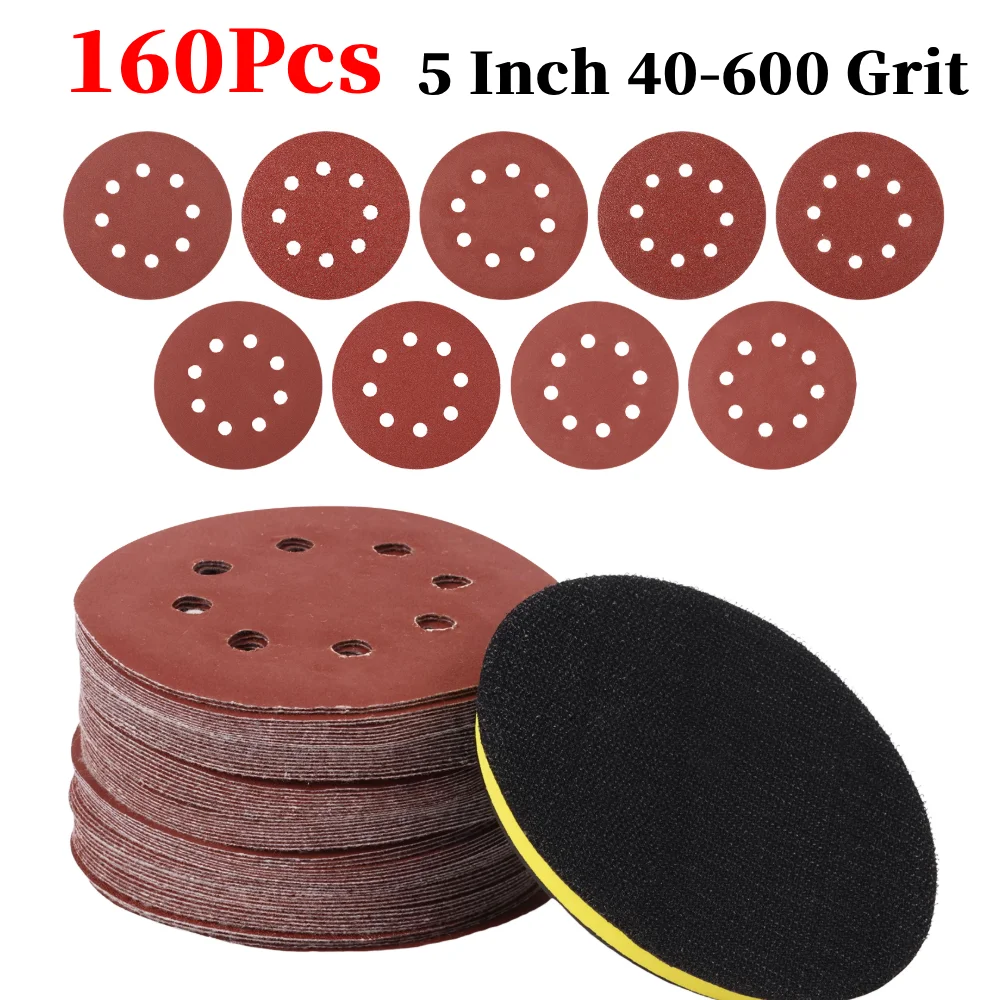 

160 шт. набор для полировки наждачной бумаги, 5 дюймов, влажная и сухая наждачная бумага, зернистость от 40 до 600 с электрическим поддоном M14 для дерева, металла, резины